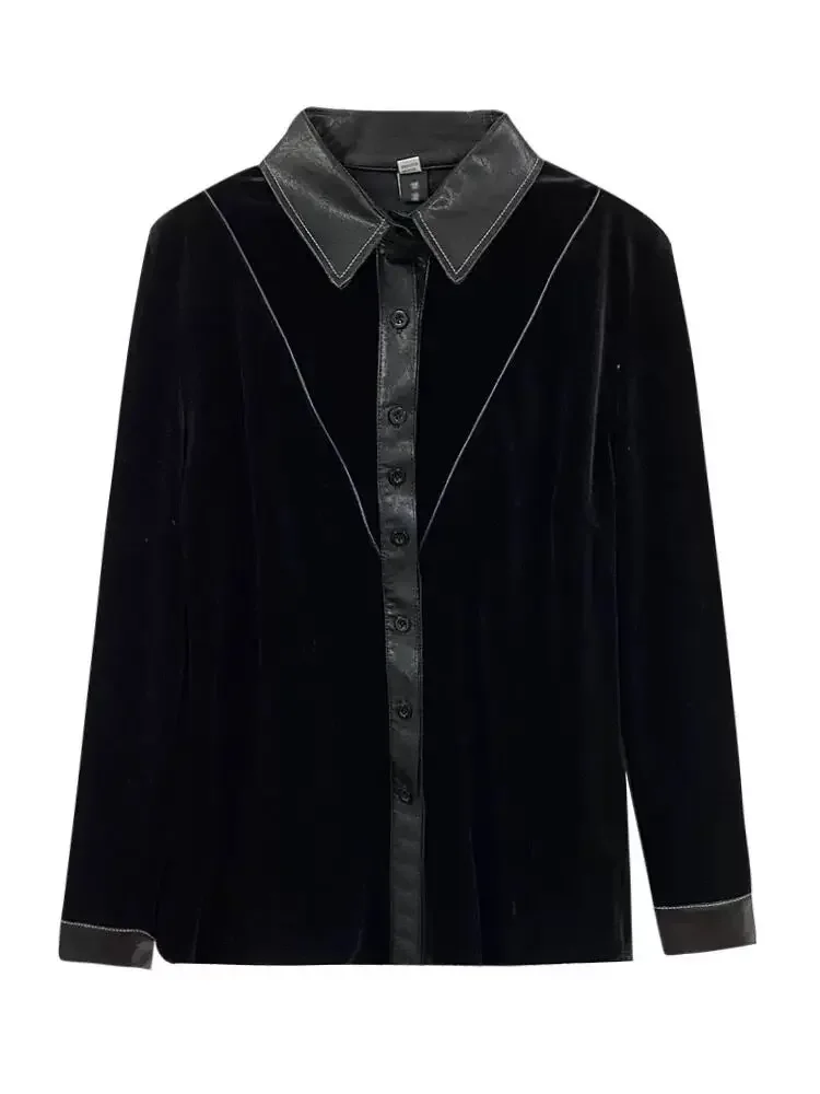 Vintage Black Velour Shirts Women PU Patchwork Velvet Shirts Women office lady Velour Patcwork PU Shirt