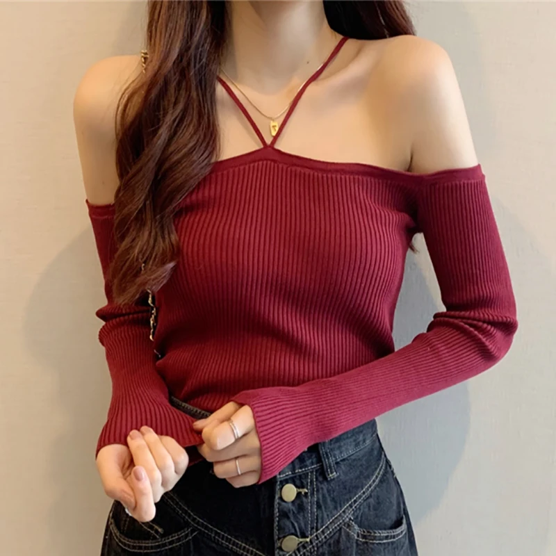 Maglioni corti senza spalla Halter maglione Slim manica lunga Top femminile nero lavorato a maglia Top Solid Girl Winter Woman Clothes