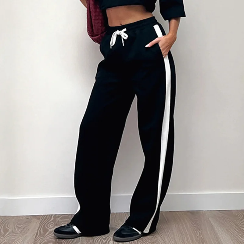 Spell Color American Simple Basic Women Pants Fashion Street Casual Slim Woman Pants Lace-Up Black Gray Straight Leg Pants Chic