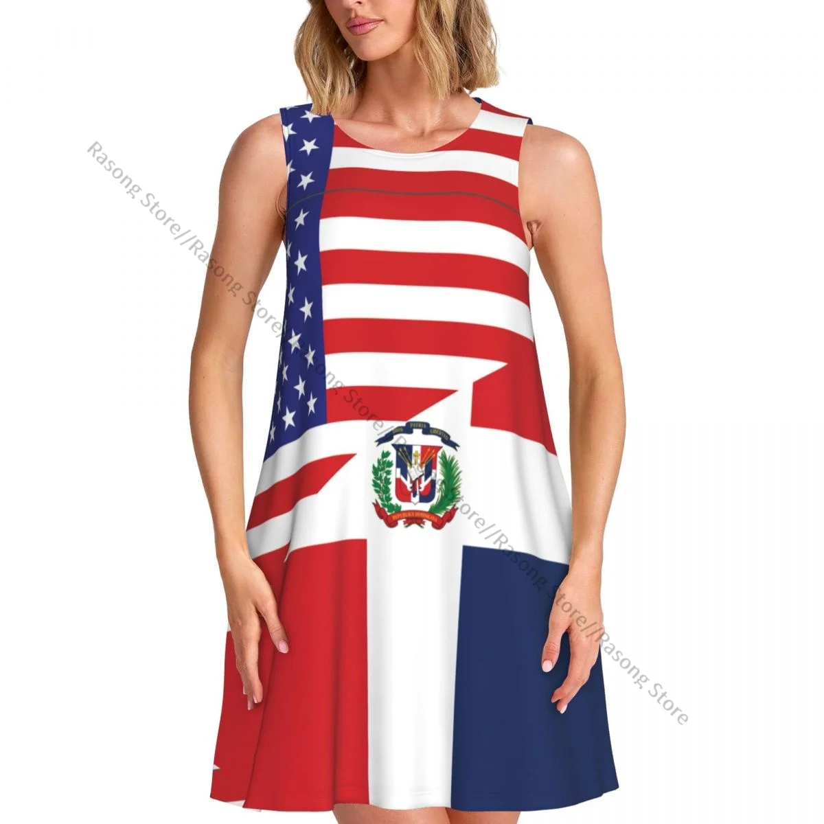 Robe de vêtements pour femmes, drapeau américain et drapeau de la république dominicaine, col rond, longueur sans manches