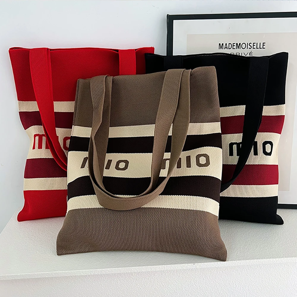 Handmade Knit Handbag Women High Capacity Shoulder Bag Korea New Casual Wide Stripe Plaid Tote Bag Student Reusable Shopping-bag