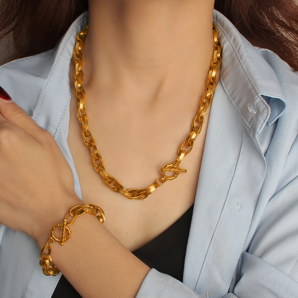 Cross-Border Hot-Selling Stainless Steel Interlocking Necklace Bracelet with Vintage Texture and Thick Chain, Versatile Jewelry for Women