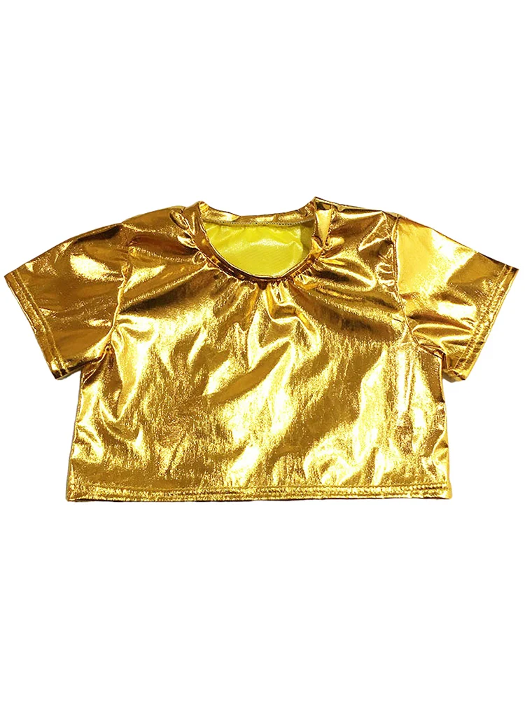 Vêtements Hip Hop pour enfants, haut court métallique pour filles et garçons, T-shirt brillant, haut de danse Jazz scintillant, Costume de spectacle sur scène de danse de rue