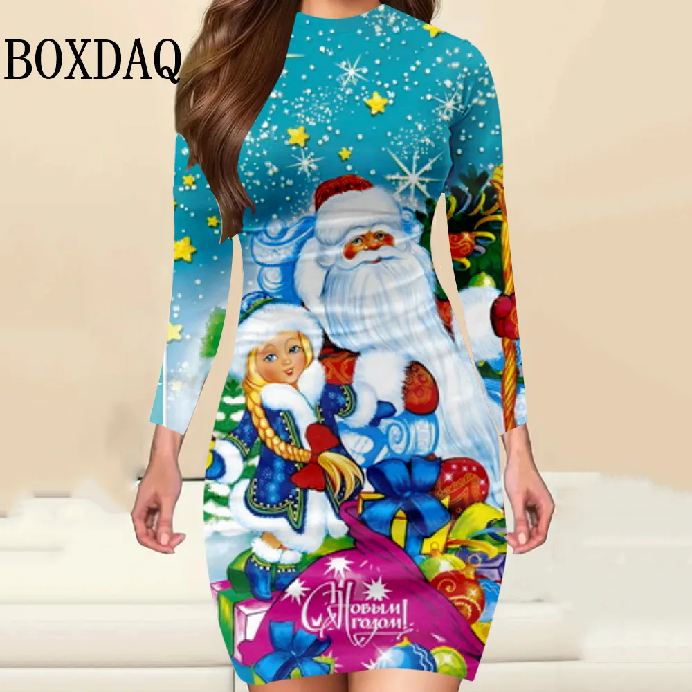 Damska sukienka z długim rękawem, świąteczny nadruk 3D, dopasowana sukienka bodycon z okrągłym dekoltem, elegancka, modna, zimowa sukienka mini na imprezę, odzież 2025