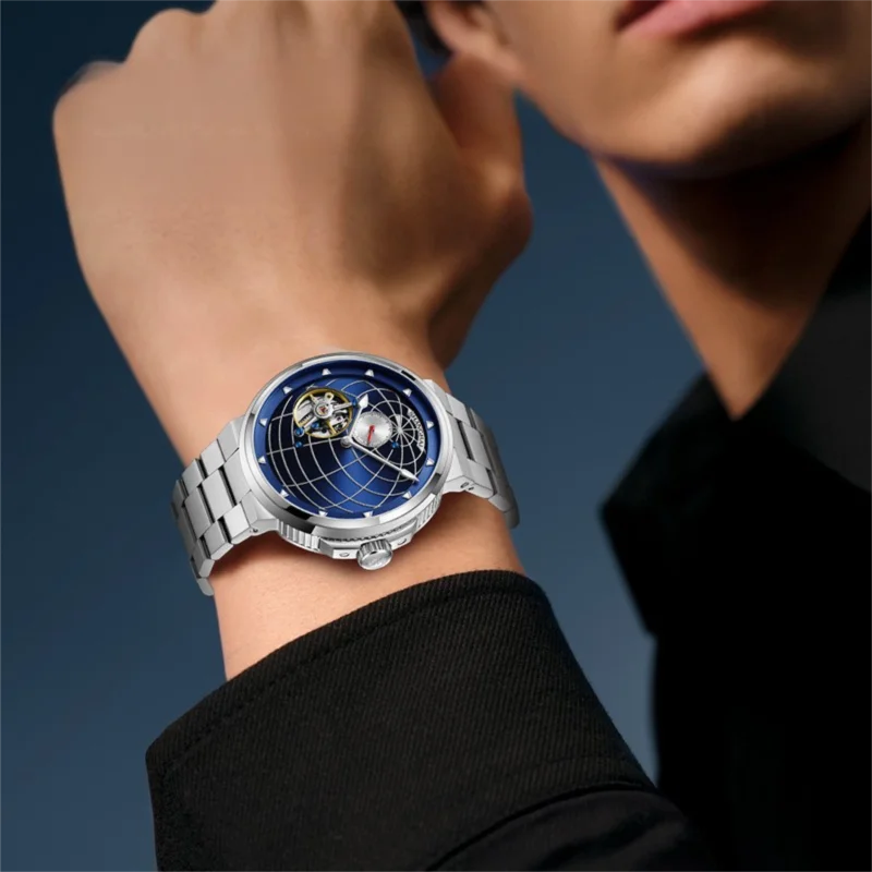 شنغهاي توربيون ووتش الرجال الميكانيكية ووتش دليل لف الدورية الاتصال الهاتفي العالمي الياقوت للماء الأعمال ساعة اليد