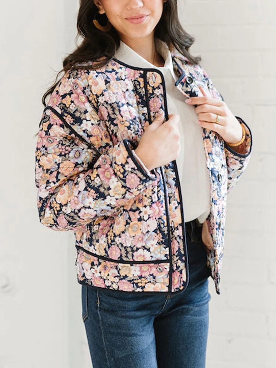 Women s Puffer Jacket Floral Print Buttons Front Quilted Coat Fall Winter Long Sleeve Padded Jacket Outerwear