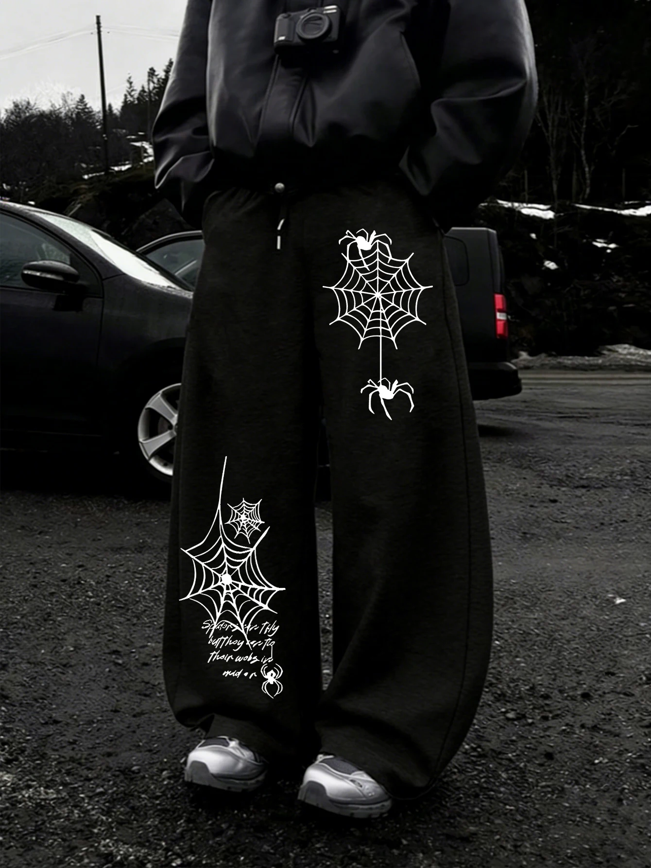 Men Y2K Dark Gothic Streetwear Sweatpants, Spider Web Spider & Handwritten Quote Asymmetrical DoublePrint Drawstring Loose Baggy