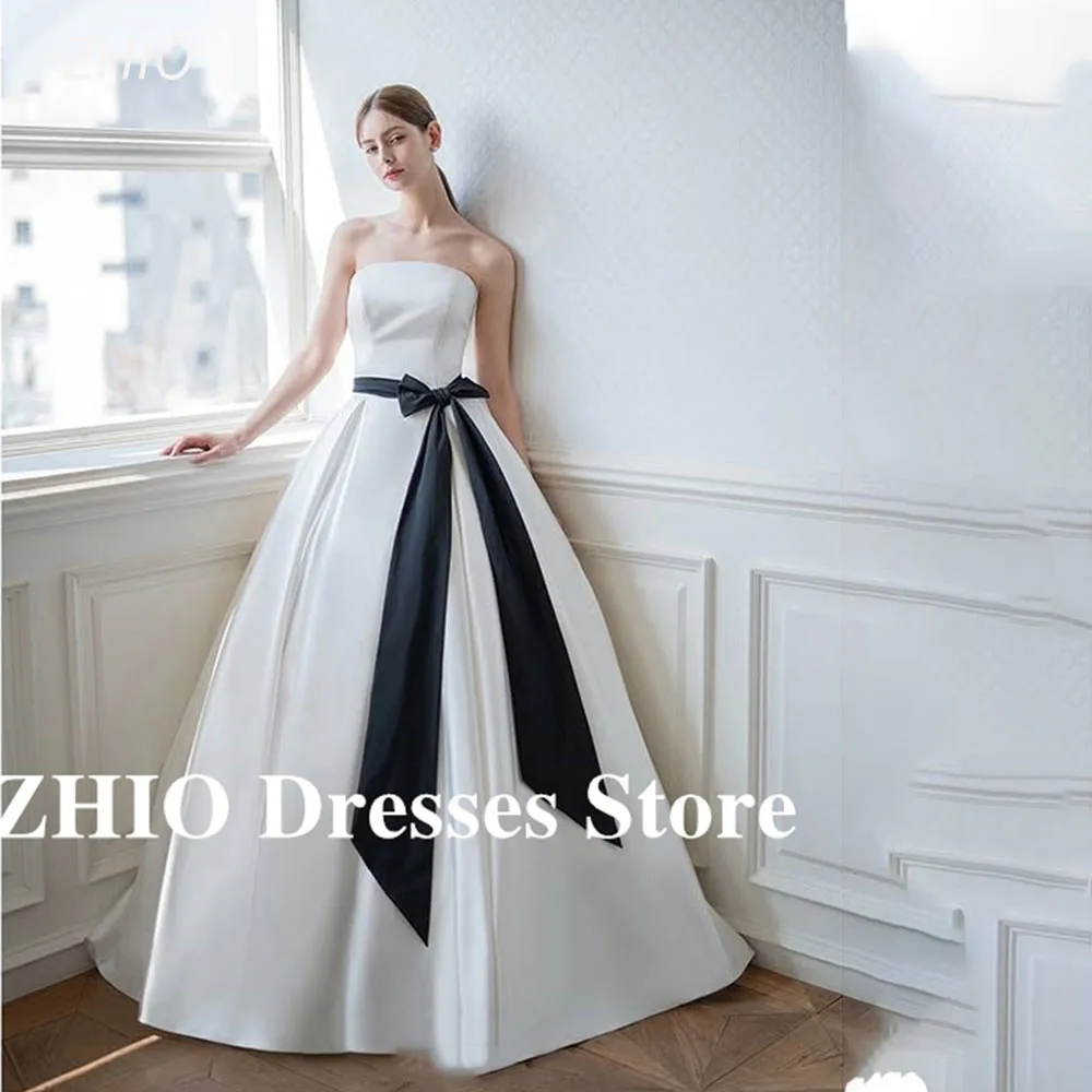 

ZHIO Princess Strapless Satin Floor-Length Wedding Dresses Korea Wedding Dress Photo Shoot Black Belt Customized Formal Mariage