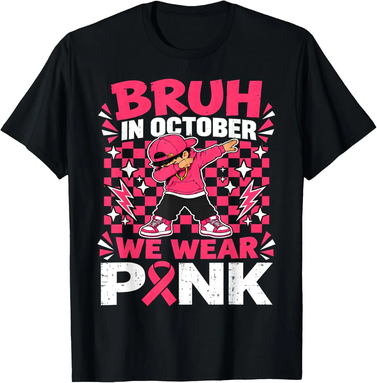 Bruh In October We Wear Pink Dabbing Boys Kids Breast Cancer T-Shirt Premium heavyweight pure cotton—stylish, versatile, and unisex; a perfect Christmas gift suitable for year-round wear.