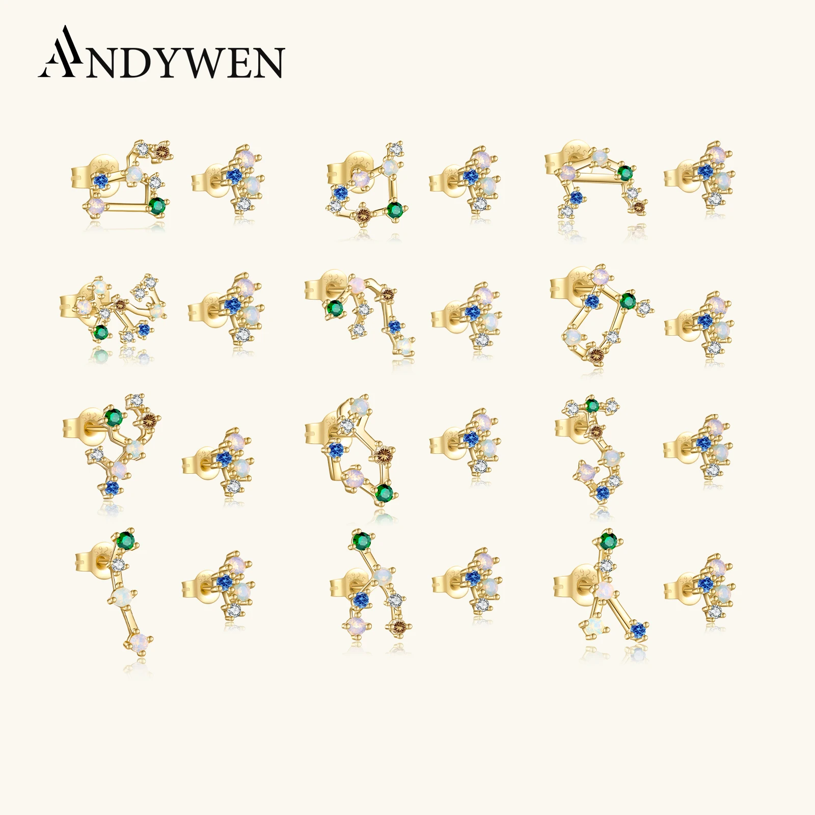 

ANDYWEN стерлингового серебра 925 пробы, золото, рыбы, Близнецы, зодиакалы, серьги-гвоздики, пирсинг овен, женские красочные весенние украшения