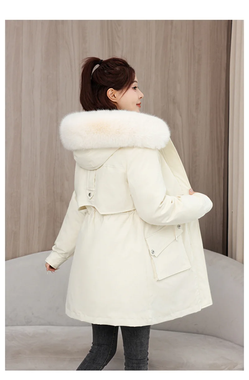 2026 New Winter Coat Down Padded Jacket Women Parkas Fur Collar Thick Hooded Cotton Coats Black Casual Outerwear Female Clothes