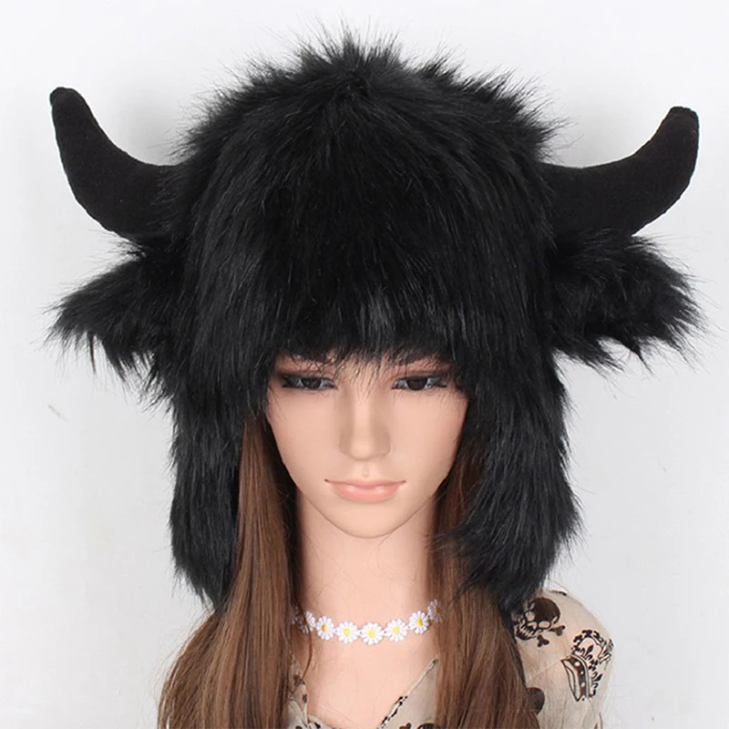 

Imitation Fox Fur Cow Horn Decoration Cap Winter Warm Ear Protection Wind Snow Women Men Halloween Party Cosplay Hat Beanie