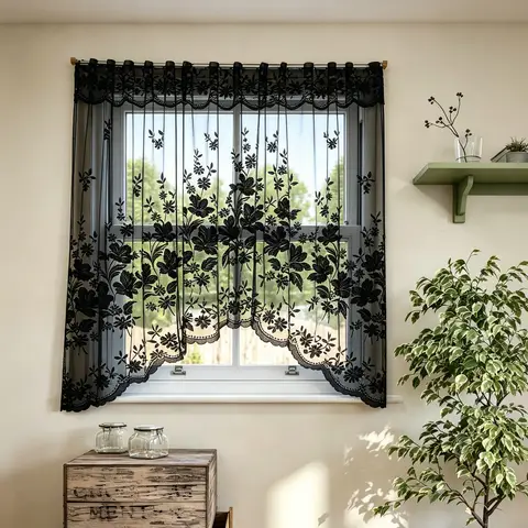 1 black lace arched curtain, French romantic transparent curtain, European retro bohemian style partition curtain