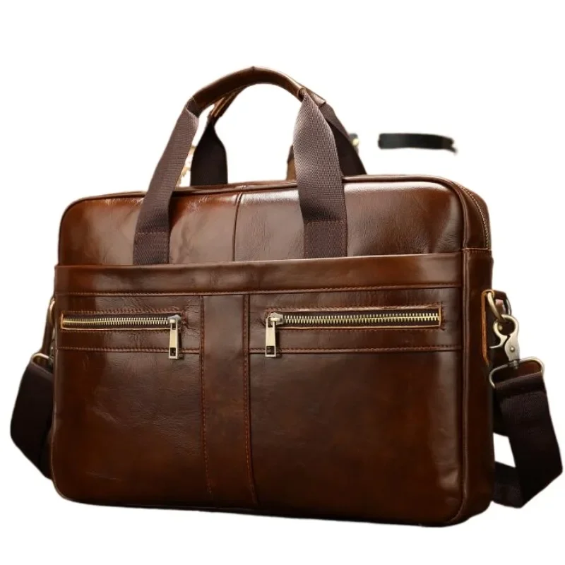 Men's Business Laptop Bag Waterproof Soft Leather Coffee Colored Briefcase for Computer