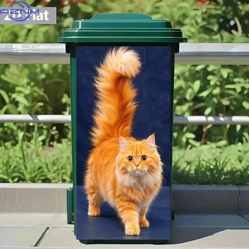 2D 1PC[ Flat Printing]1pc Trash Can Sticker[Title Translated, Do Not Change] Golden-Tailed Cute Cat Walking Theme Design Wall