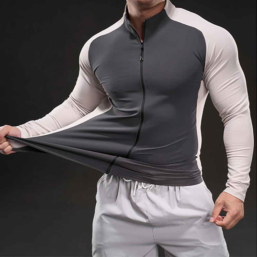 Men's Long Sleeve Compression Shirt Running Training Top High Neck Zipper Gym Clothing