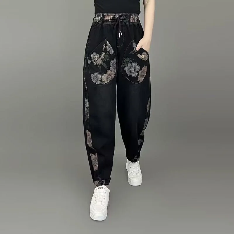 حجم كبير 3XL الدهون الصوف الجينز للنساء بنطلون مستقيم واسعة الساق فضفاضة تناسب ضيق مرونة الخصر التخسيس للنساء الدنيم السراويل