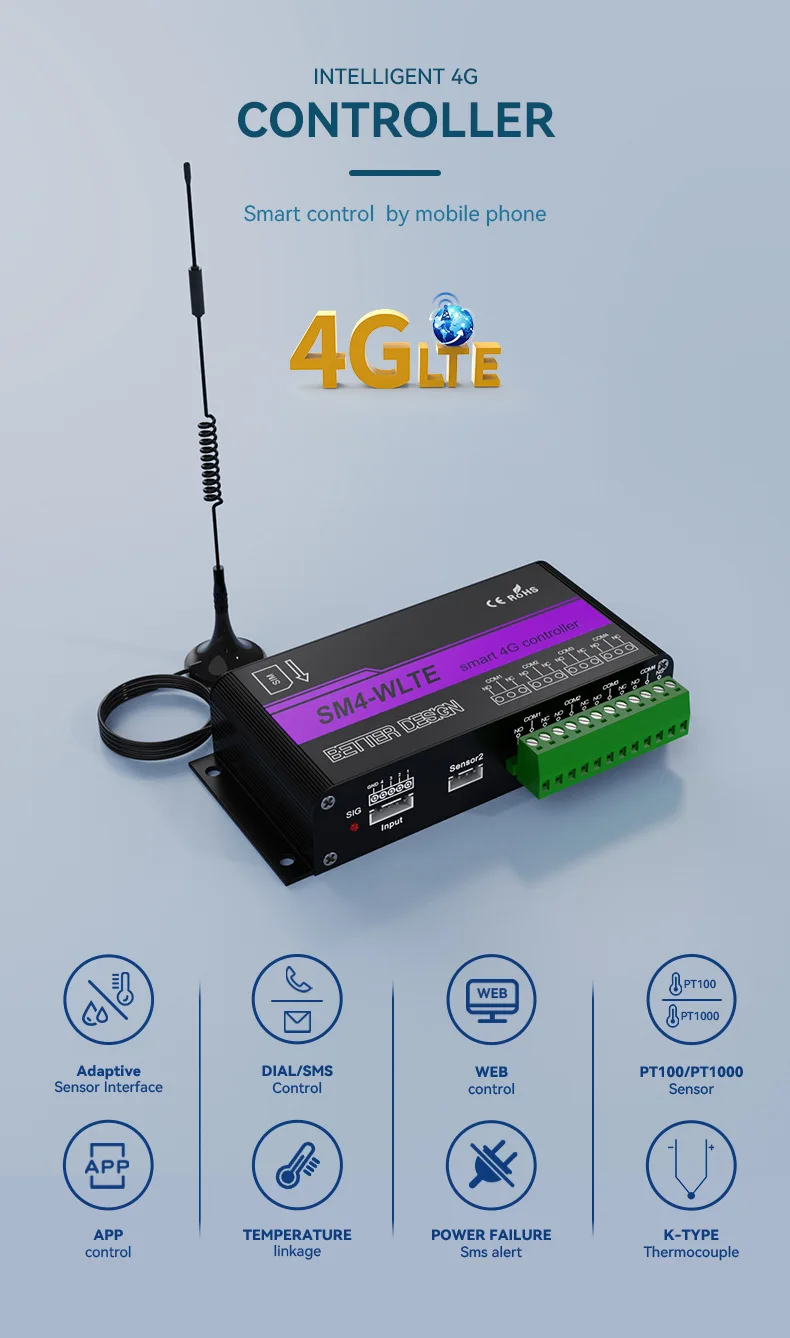 4G GSM تحكم التتابع 4 قناة SMS الذكية عن بعد SMS 4 التتابع التحكم في درجة الحرارة الرطوبة الاستشعار الأجهزة الأتمتة المنزلية