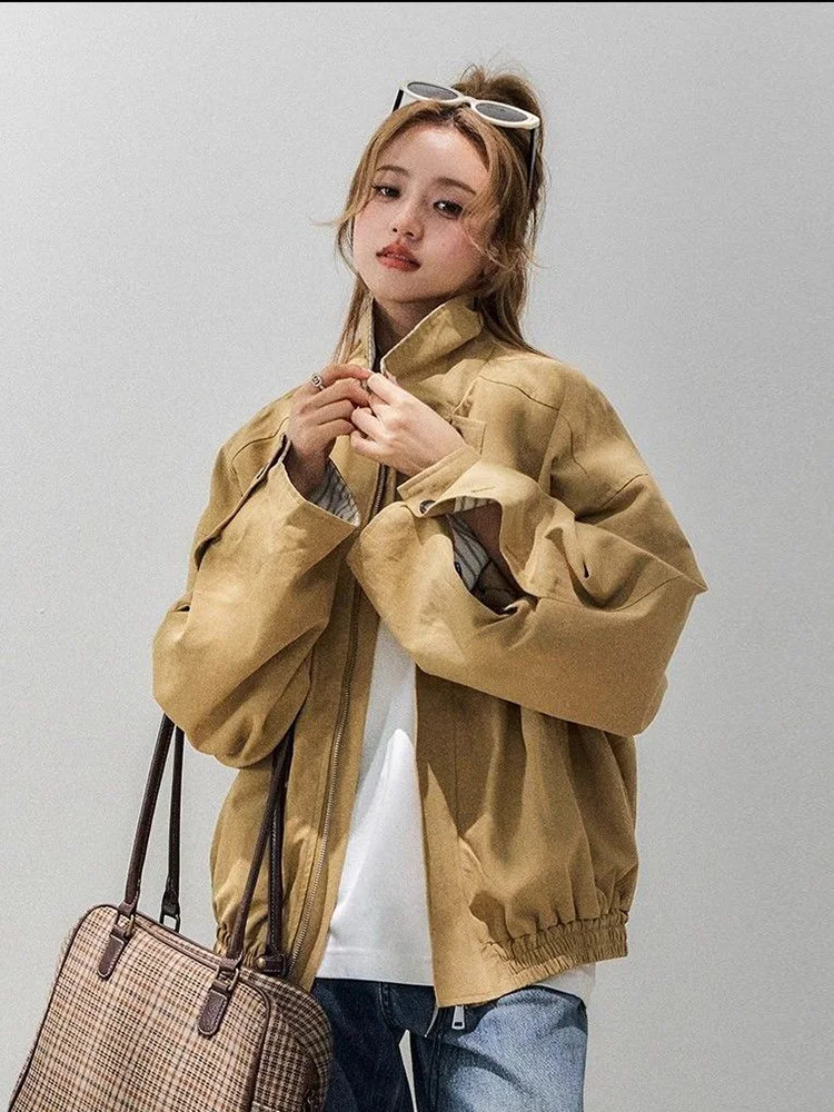 Spring Streetwear Y2K Cargo Jacket Women Loose Hip Hop Striped Patchwork Coat American Casual Harajuku Vintage Long Sleeve Tops