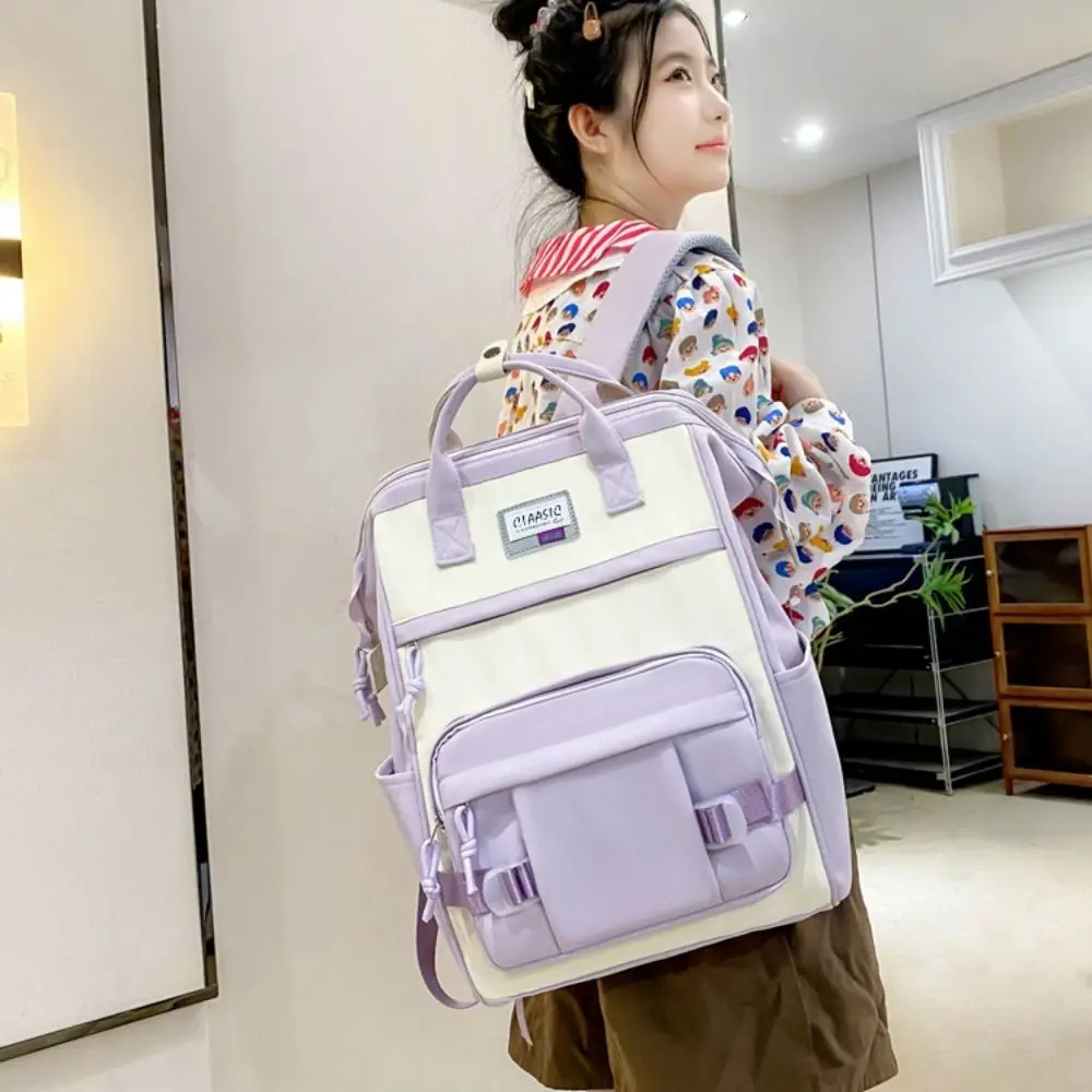 حقيبة ظهر ذات سعة كبيرة قابلة للتعديل على الطراز الكوري مضادة للرذاذ المائية كاجوال من النايلون Daypack حقيبة مدرسية ناعمة بألوان متباينة للنساء #4