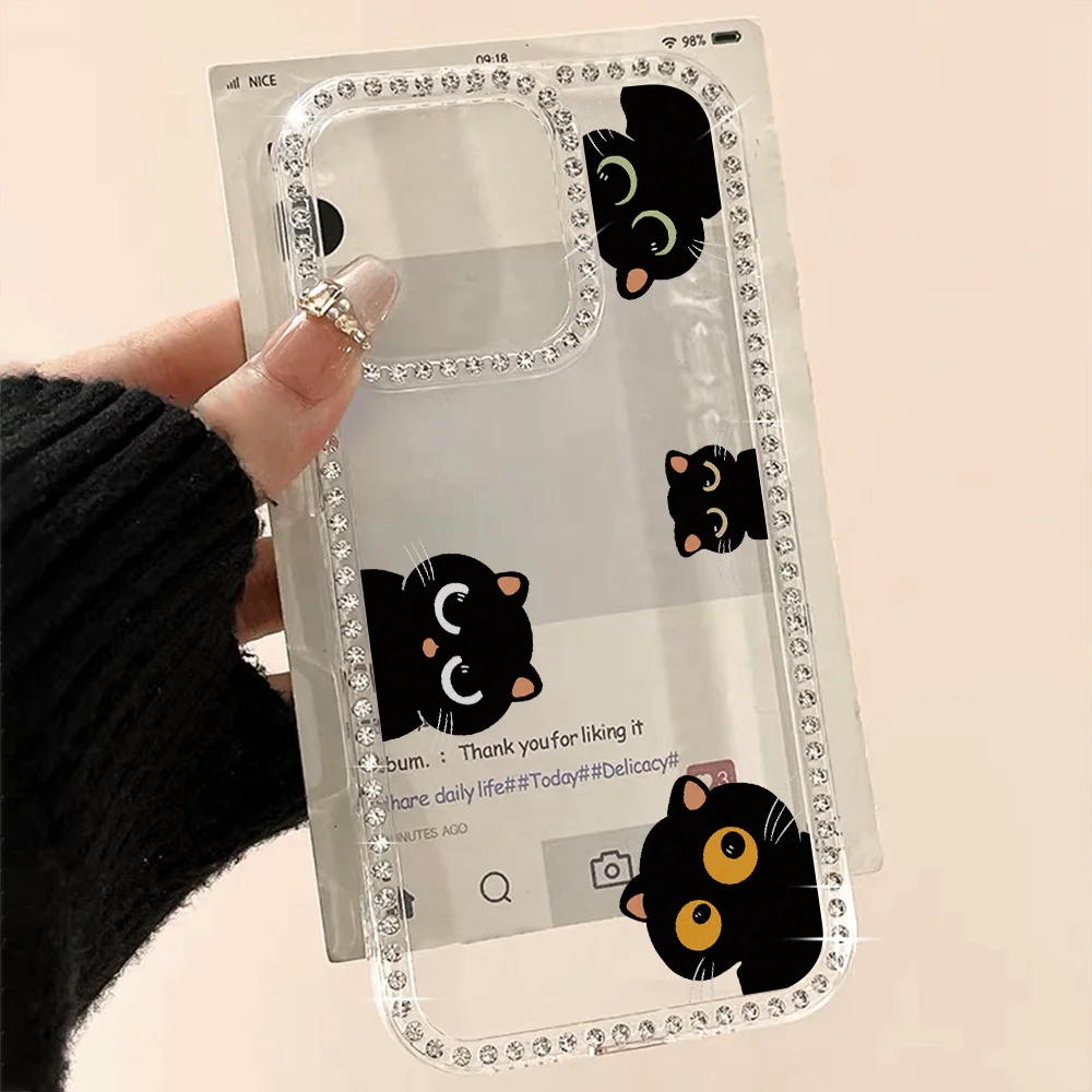 Diamond Lanyard Phone Case For iPhone 17 16 Pro Max 11 13 15 14 12 Air 17promax Transparent Shockproof Cat Painted Cover Funda