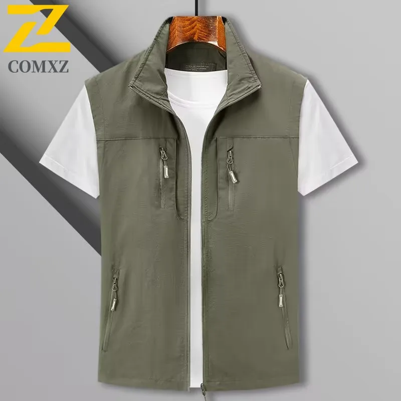 Men Lightweight Utility Vest 2025 New Sleeveless Stand Collar Multi Pocket Vests Outdoor Camping Breathable Versatile Waistcoat