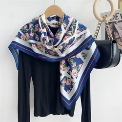 Spain Fashion Cross Plaid Floral Square Silk Scarf Women High Quality Print Soft Shawls and Wraps Bufandas Muslim Hijab 90*90Cm