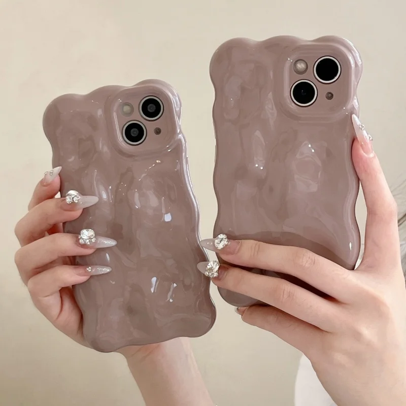 3D Wave Glossy Candy Silicone Case For iPhone 16 15 Plus 14 13 12 11 Pro Max Ins Solid Color Meteorite Texture Shockproof Cover