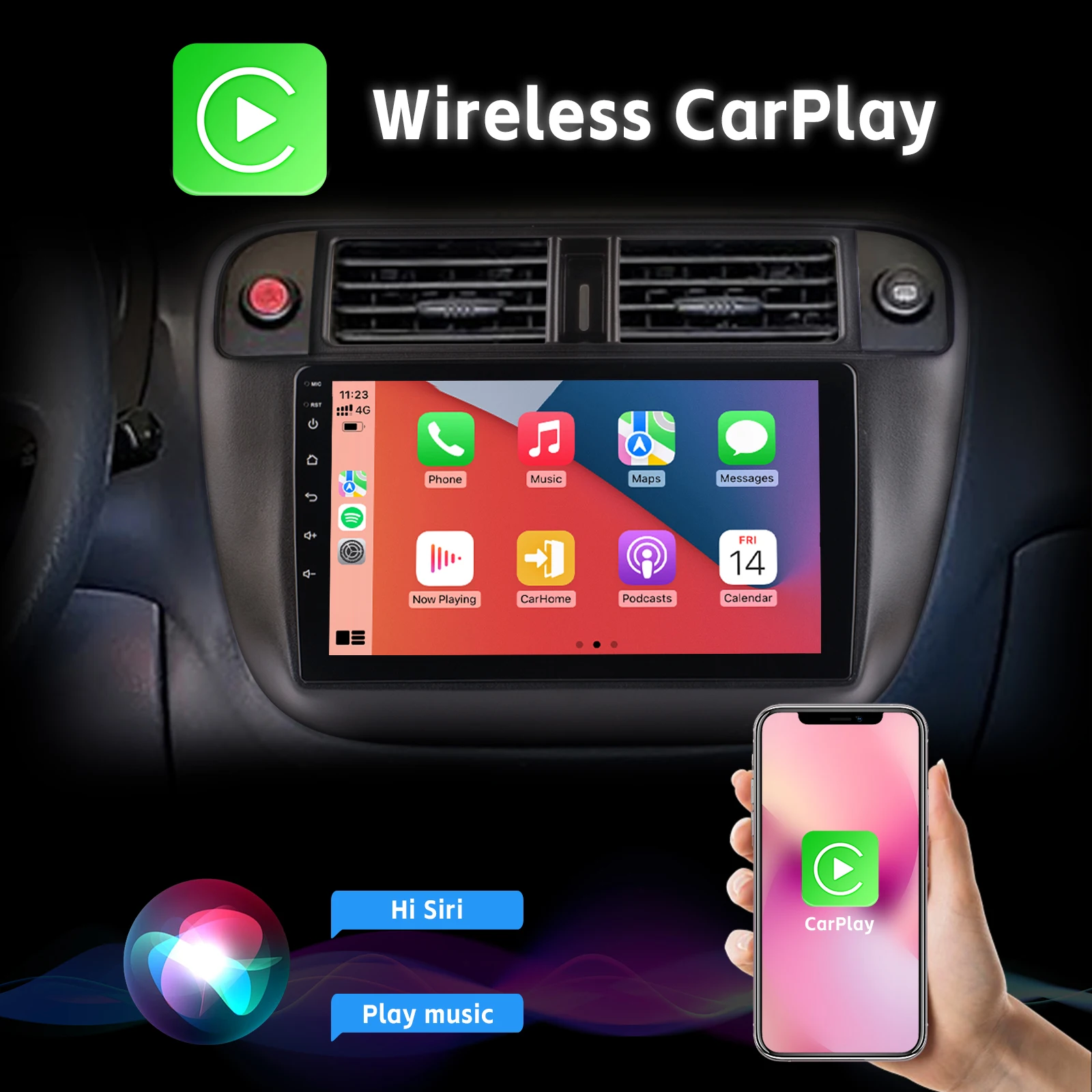 Car Radio with Wireless Carplay Android Auto AHD Rear View Camera BT for Honda Civic 1996-2001 with DSP 8