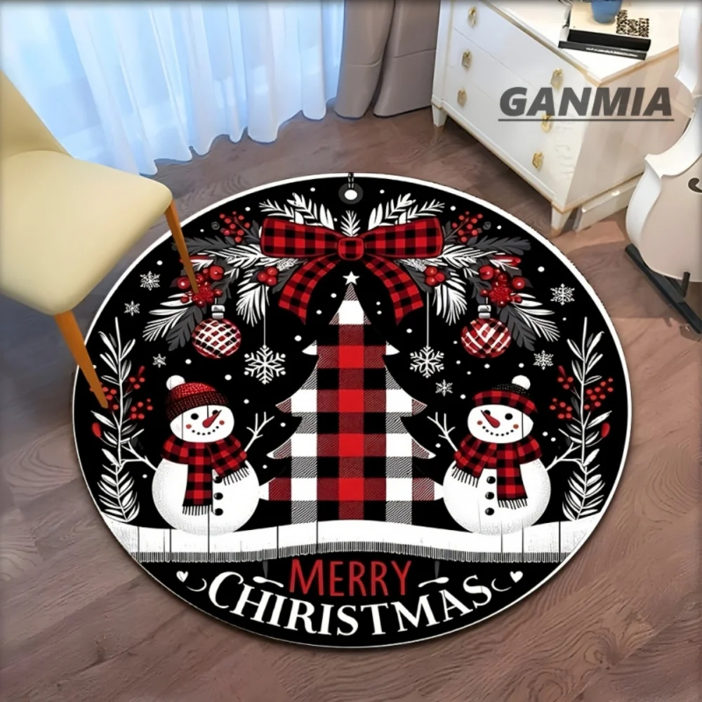 Non Slip Christmas Round Rug Blue Optical Illusion Santa Tunnel Printed Washable Fade Resistant Carpet for Living Room Bedside