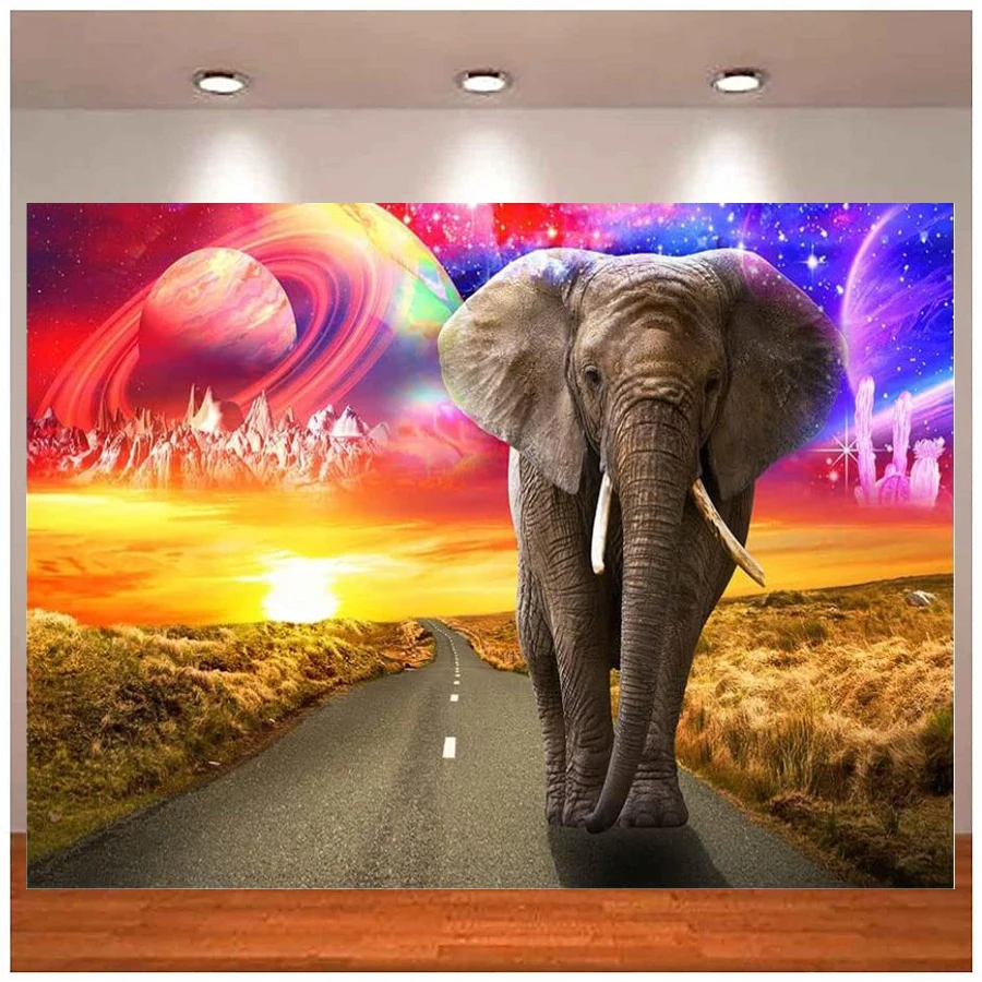 Elephant Backdrop Africa Desert Grass Land Sunset with The Road Stretch Outer Space Planet Purple Red Sky Montain Background