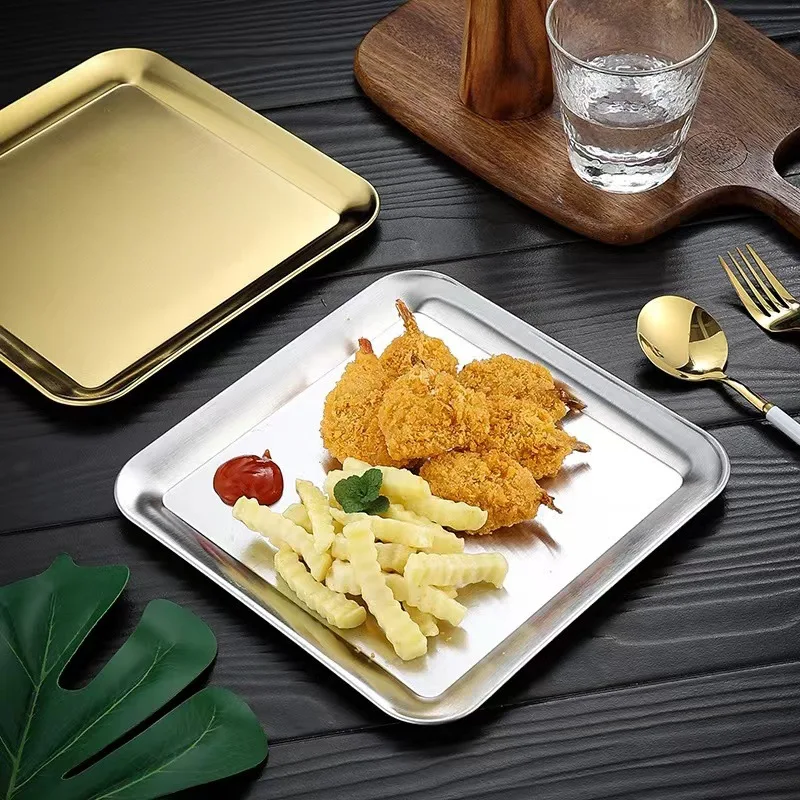 

Anti-scalding Stainless Steel Snack Trays Barbecue Plate Golden Square Menu Plates Flat Dinnerware Service Table for Restaurant