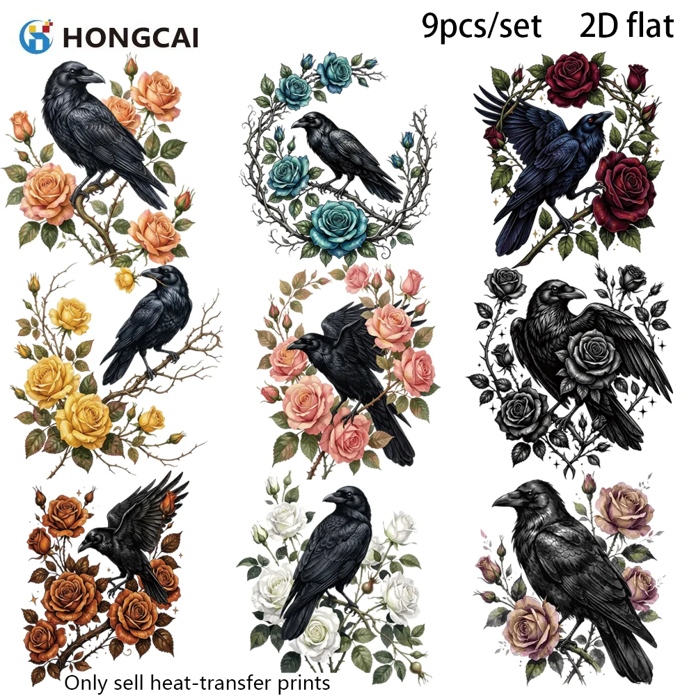 9-pecas-de-htv-fine-crow-rose-2d-gotico-nature-para-aplicacao-a-ferro-em-vestuario-facil-de-remover-sem-rachaduras-resistente-a-lavagens-e-esfregamentos