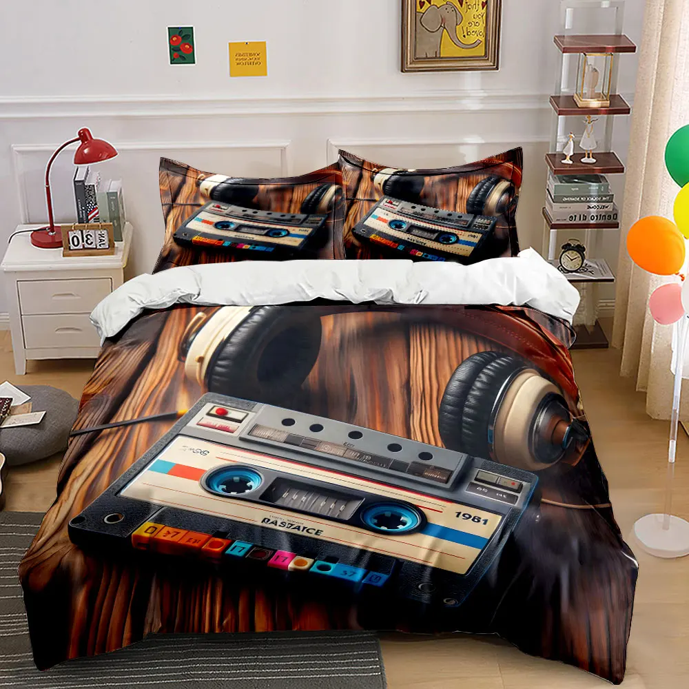 

Retro cassette and headphones Pattern Duvet Cover Set Digital Print Colorful Polyester Bedding with Zipper Closur for gifts