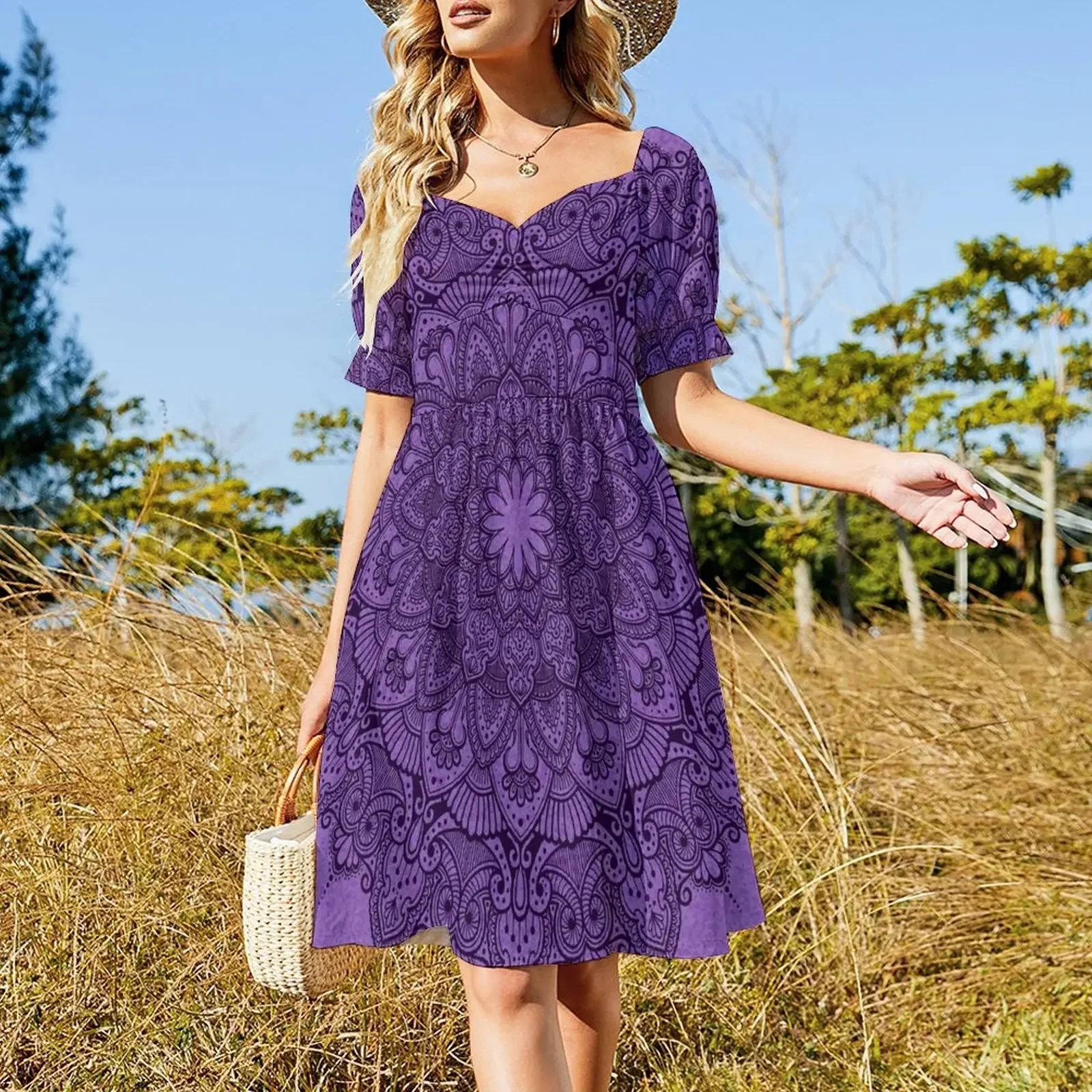 Mandala Deep Purple Vestido de manga corta vestido de verano para mujer 2025 ropa de fiesta