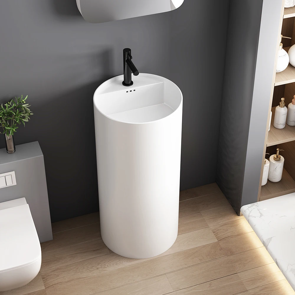 Round Freestanding Solid Surface Pedestal Sink Integrated Floor Standing Wash Basin Modern Matte White Hand Washing Vessel Sink