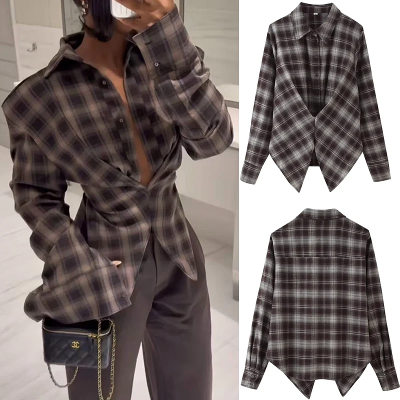 Outono turn-down colarinho manga longa solto retalhos camisa xadrez feminina cinched botão acima topos feminino chique casual wear 2025 novo