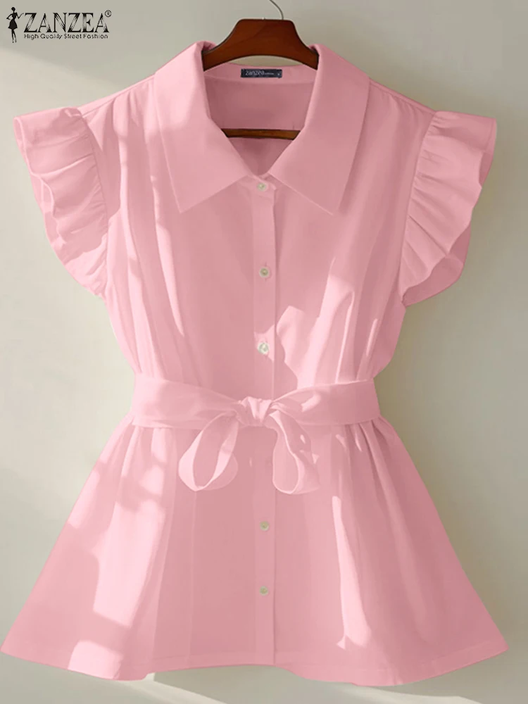 

ZANZEA Turn-Down Collar Fashion Shirts Ruffle Sleeve Betled Button Up Solid Chemises Femme 2025 Summer Elegant Woman Tunic Tops