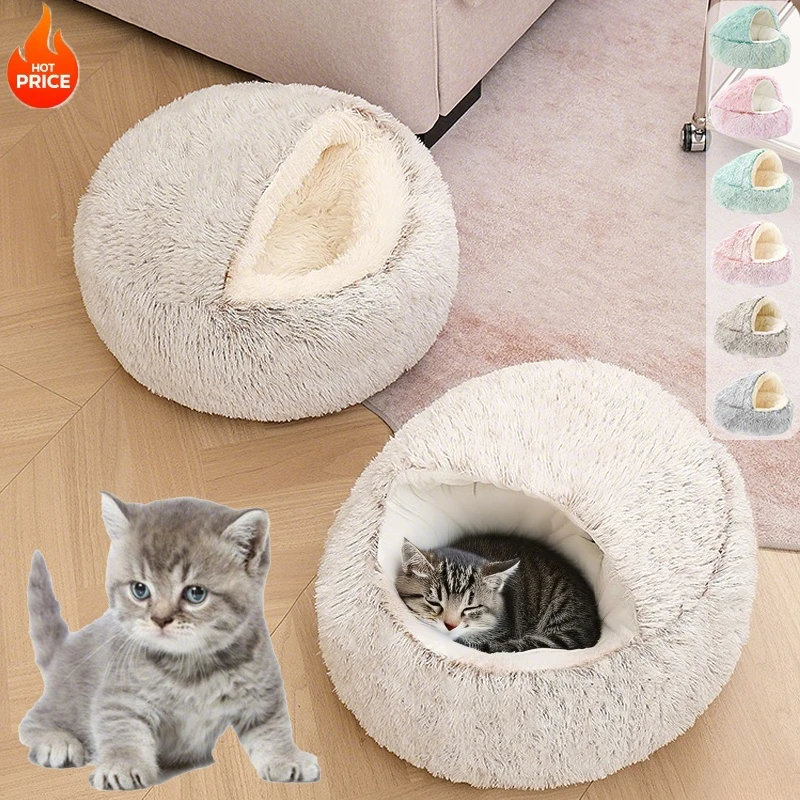 

Super soft Cat Sleeping Nest Soft Long Plush Winter Fluffy Cat Nest Round Warm semi-enclosed cat Dog Sleeping Bed casa para gato