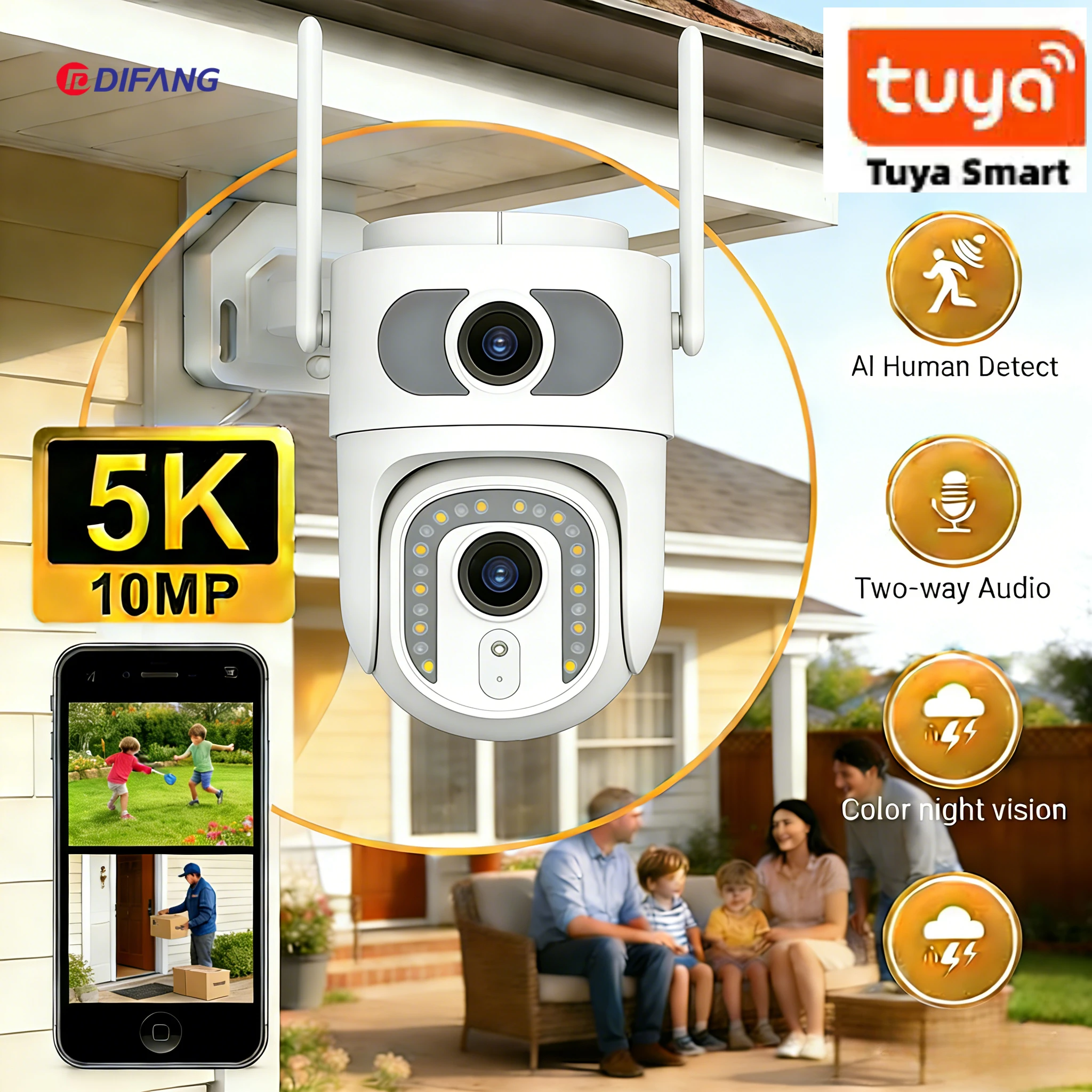 

Уличная Wi-Fi камера видеонаблюдения Tuya Smart 5K 10MP с двумя объективами и двумя экранами, автоматическим отслеживанием, совместимая с Alexa и Google Home