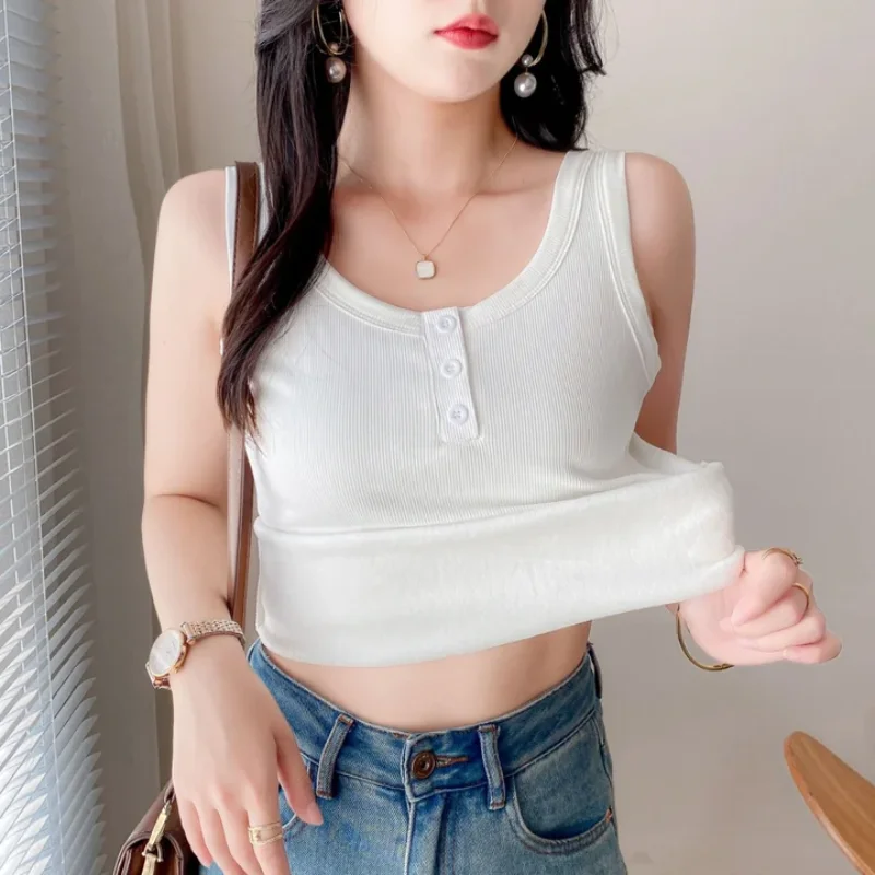 

Autumn and Winter Spicy Girl Casual Warm and Velvet Women's Tank Top American Trendy Solid Color Women's Bottom Shirt