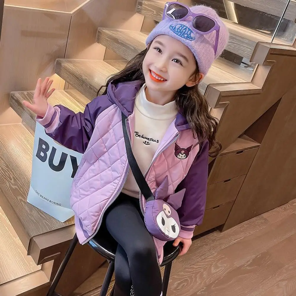 Kawaii Sanrio Kuromi Girls Hooded Coat Cartoon Thickened Thermal Top Kids Autumn Winter Long Sleeve Jacket Children's Clothing