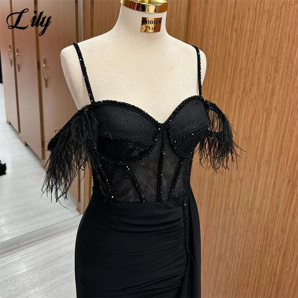 Lily Spaghetti Strap Prom Dresses Sweetheart Mermaid Sexy Evening Dress Stain Formal Dresses With Feather Sequin Party Dress