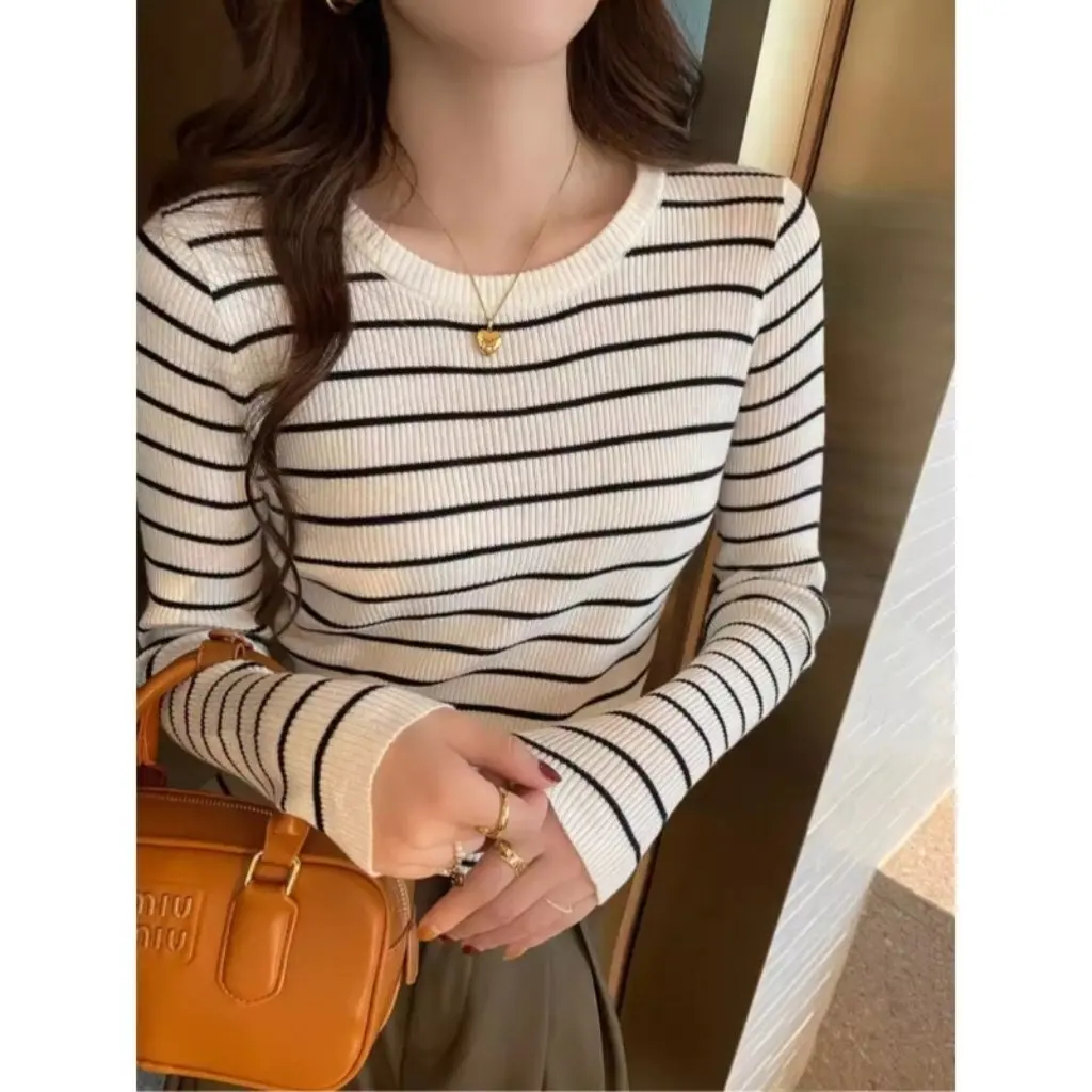 

Women's Slim-Fit Striped Knit Sweater Fashionable Base Layer Top for Autumn Winter Spring Popular Style