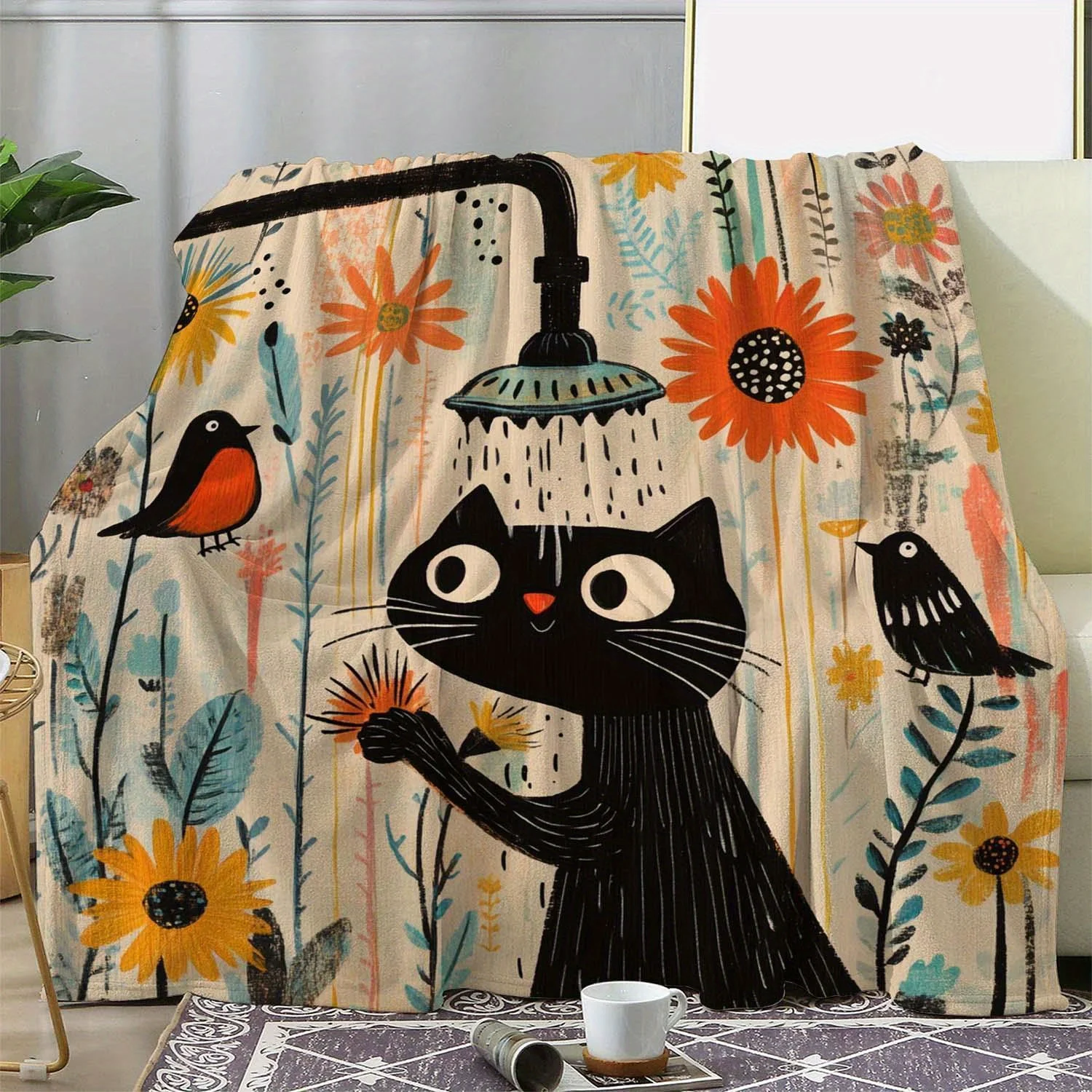 Contemporary Flannel Throw Blanket with Whimsical Black Cat, Sunflowers & Birds Print - Soft, Warm, Machine Washable