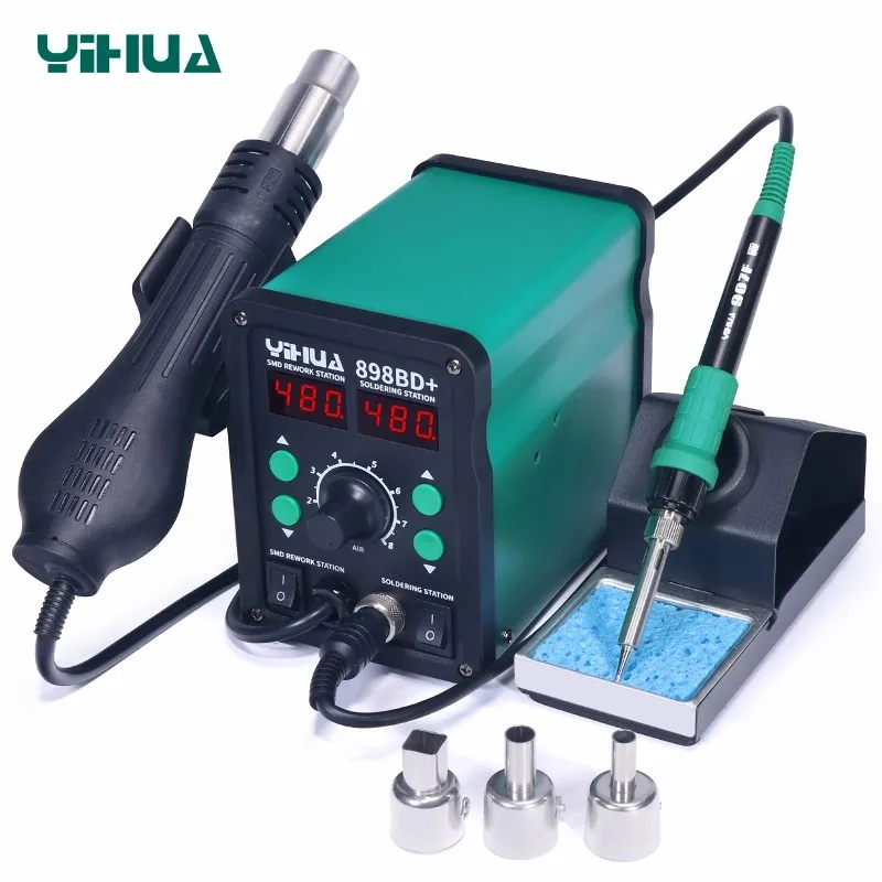 YIHUA stasiun Solder pengerjaan ulang SMD, stasiun Solder pengerjaan ulang pistol udara panas + besi Solder 2 dalam 1 SMD 898BD + 110V / 220V 750W