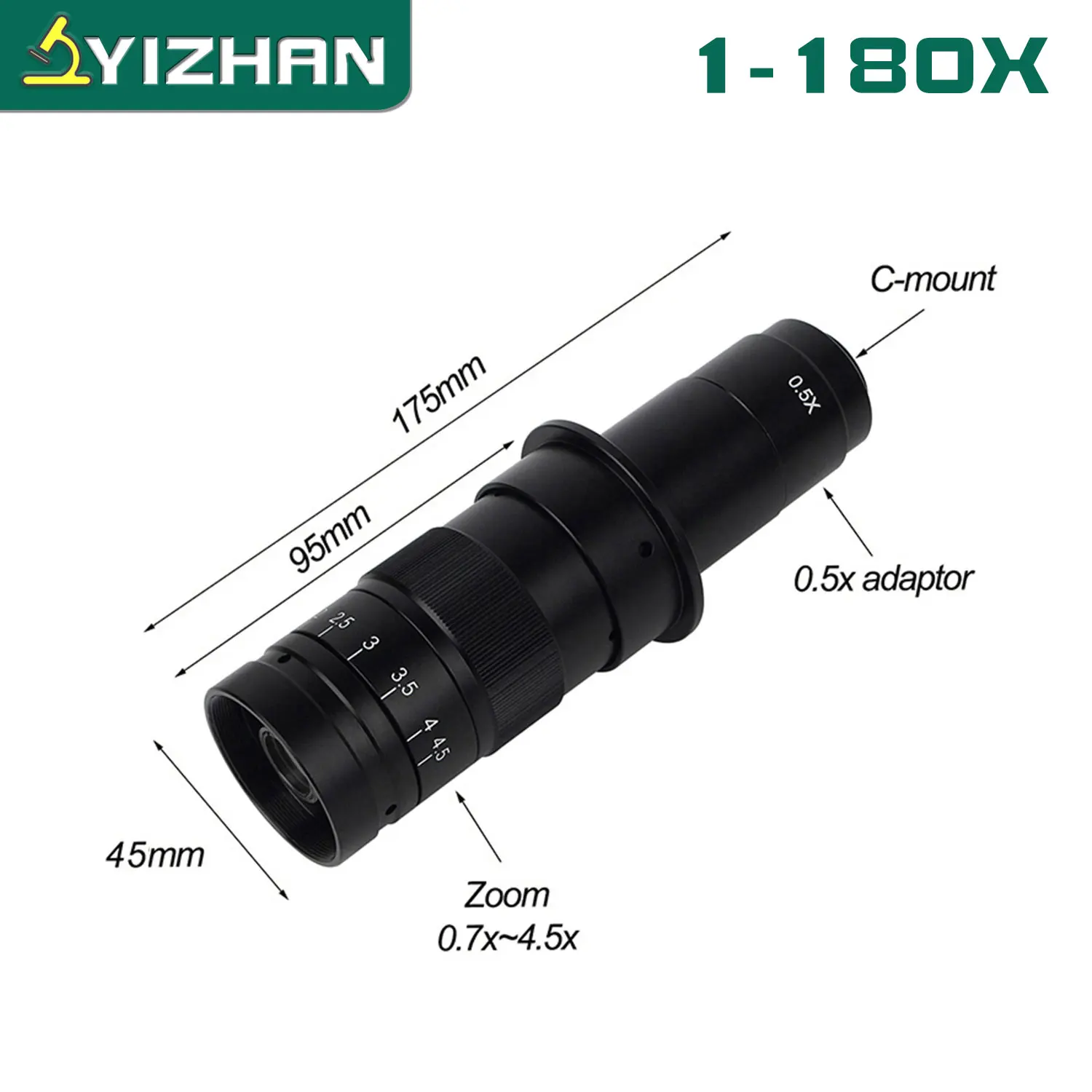 YIZHAN Adjustable Zoom C-Mount Lens Magnification 130X 180X 360X Lab 0.3X 0.5X 0.75X 2X Objective For Industry Microscope Camera