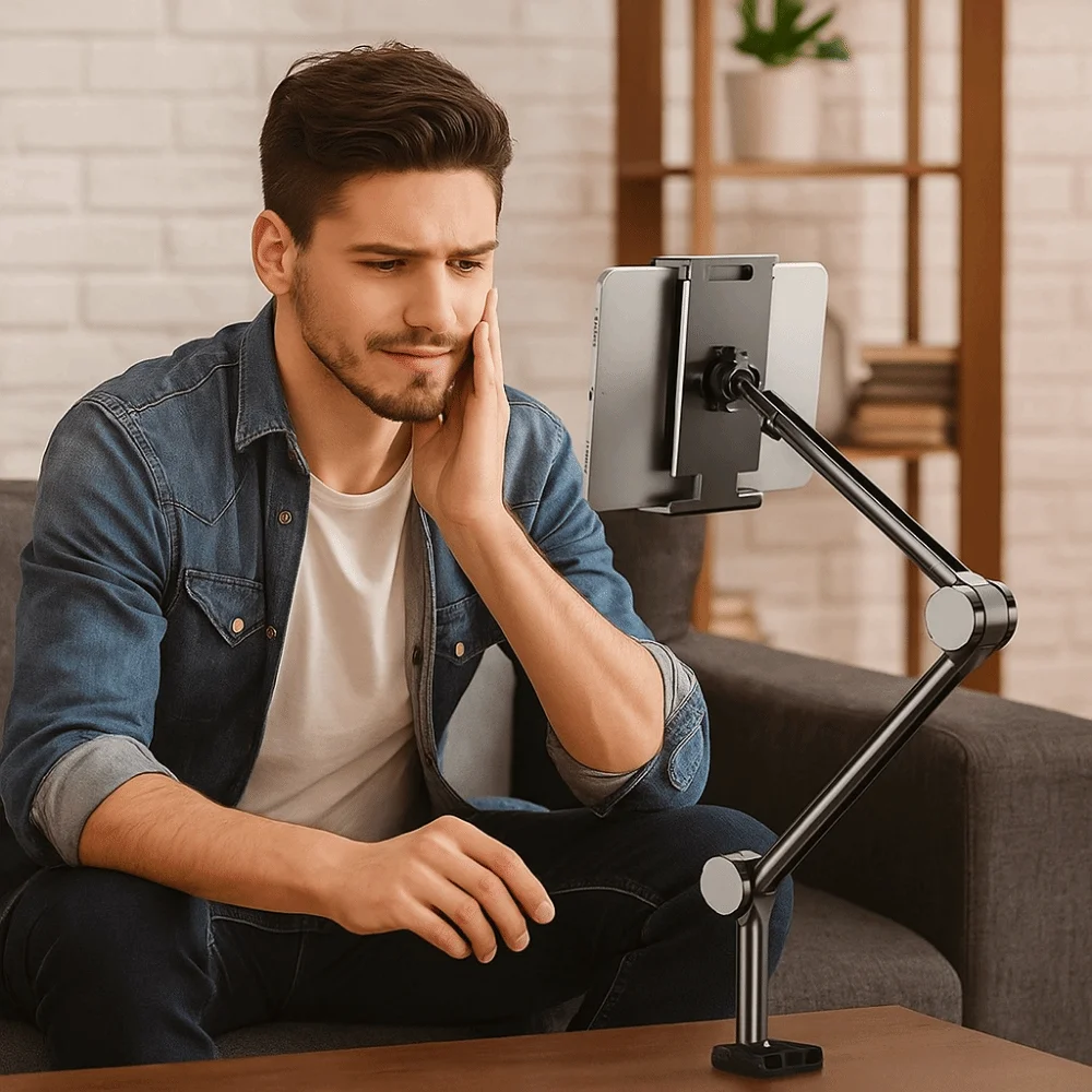 

Carbon Steel Phone Tablet Holder Adjustable Foldable Pad Tablet Bracket 360° Rotating with Metal Arm Tablet Mount Stand Bed