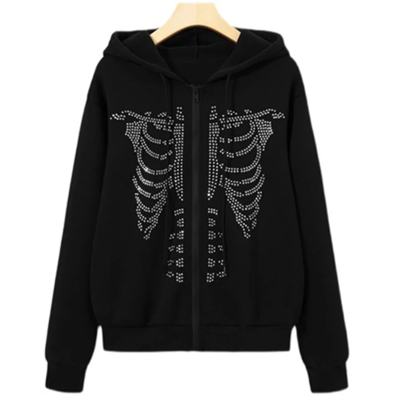 BIG PROMOTION Europe Y2k rhinestone skeleton pattern zipper thermal hoodie electronic traf sweatshirt Stitch for men and women