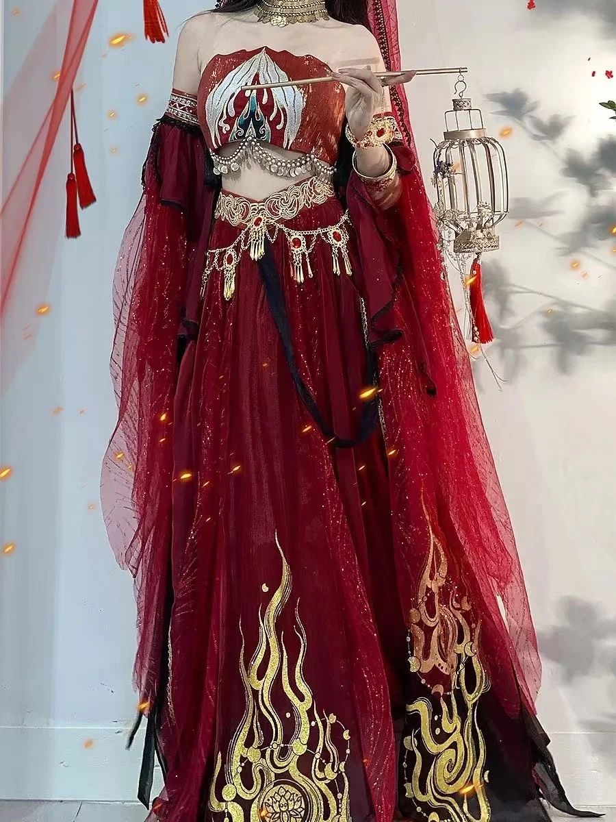 Exotic Goddess Dunhuang Red Fire Festival Arabian Princess Costumes for Cosplay Party Halloween Indian Belly Dance Dress Hanfu